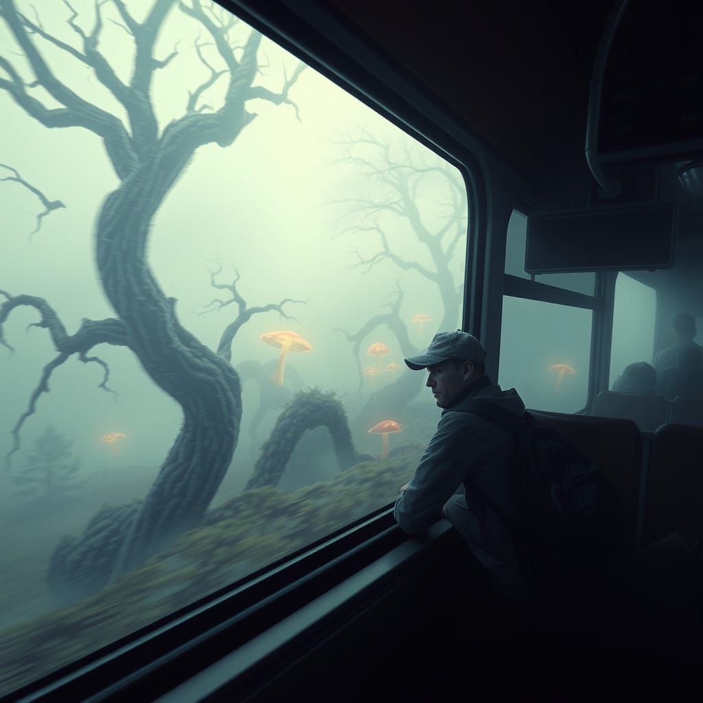 Dreamlike Bus Journey Through a Mystical Realm