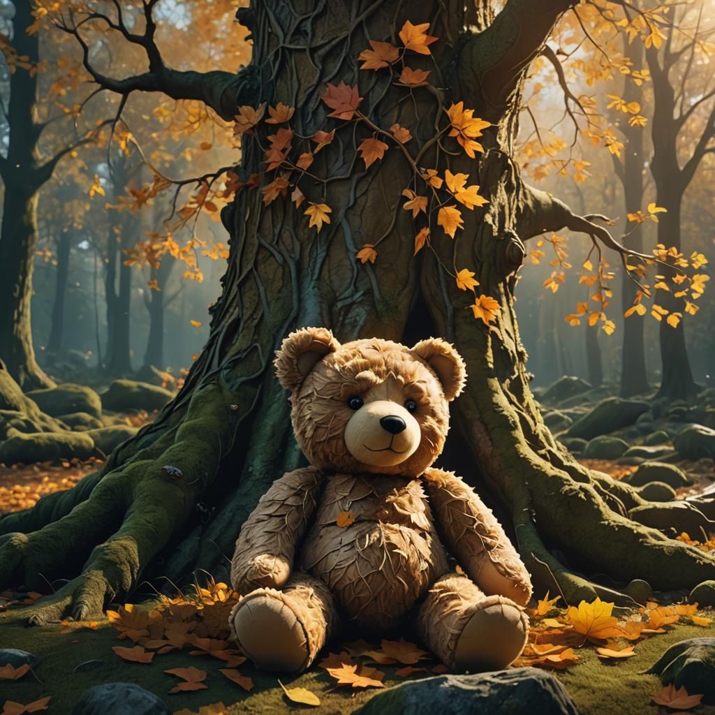Teddy Bear and Surreal Tree in Autumn Light