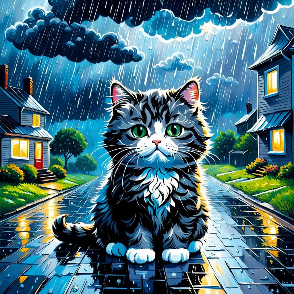 Chibi Cat Contemplates a Rainy Day in a Vibrant 80s Palette