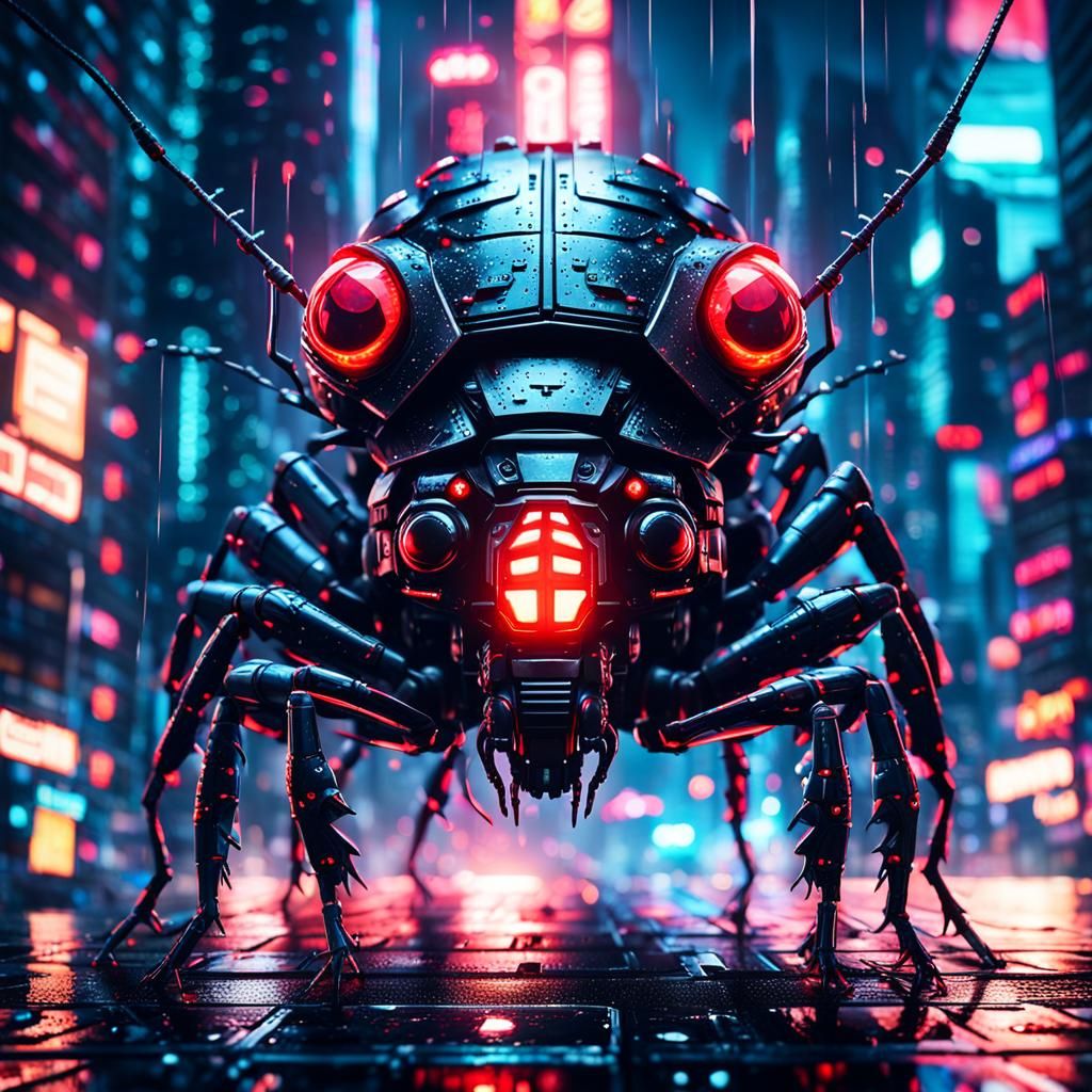 Macro 3D picture of a huge cyberpunk replicant insect with r...