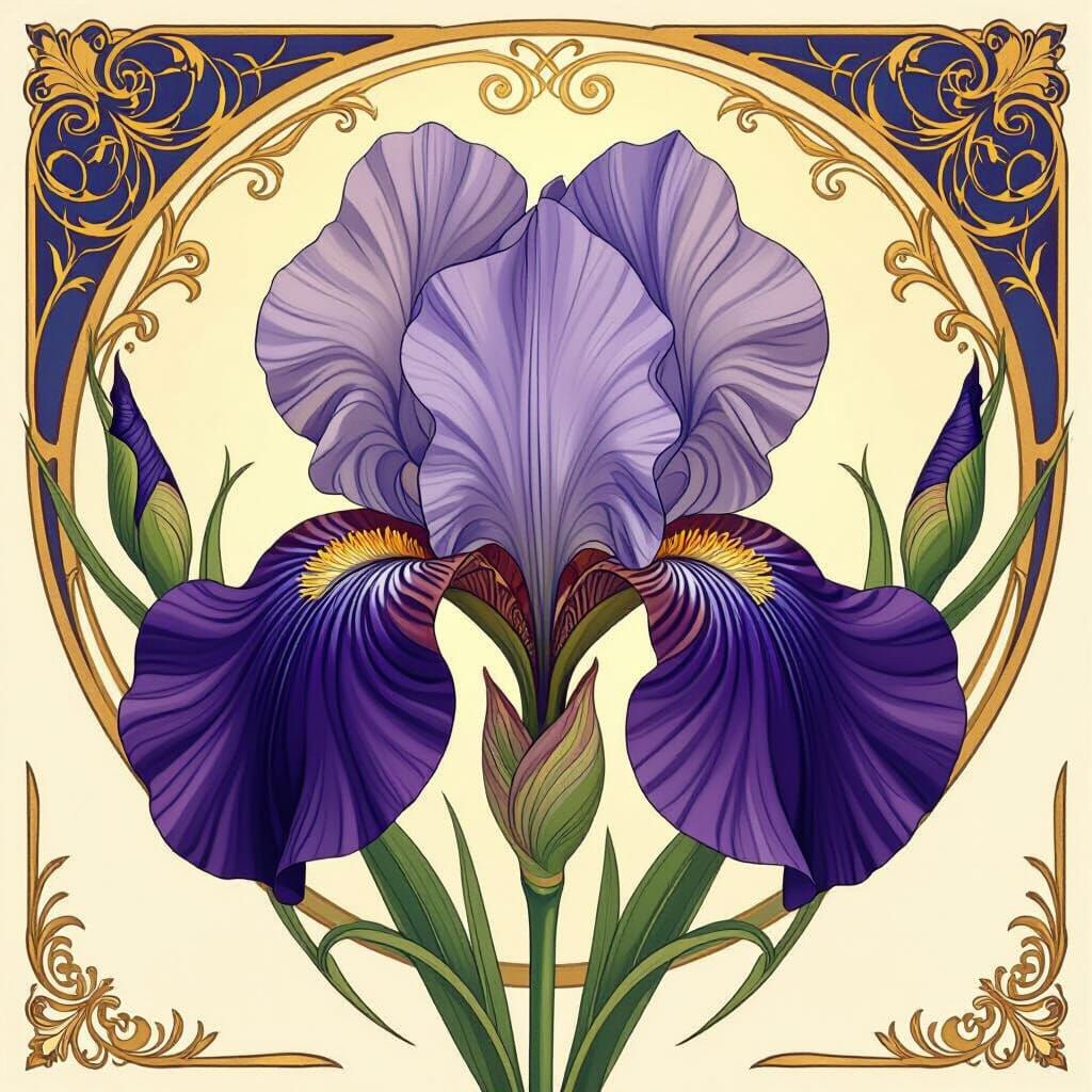 Art Nouveau Iris Flower with Gold Accents