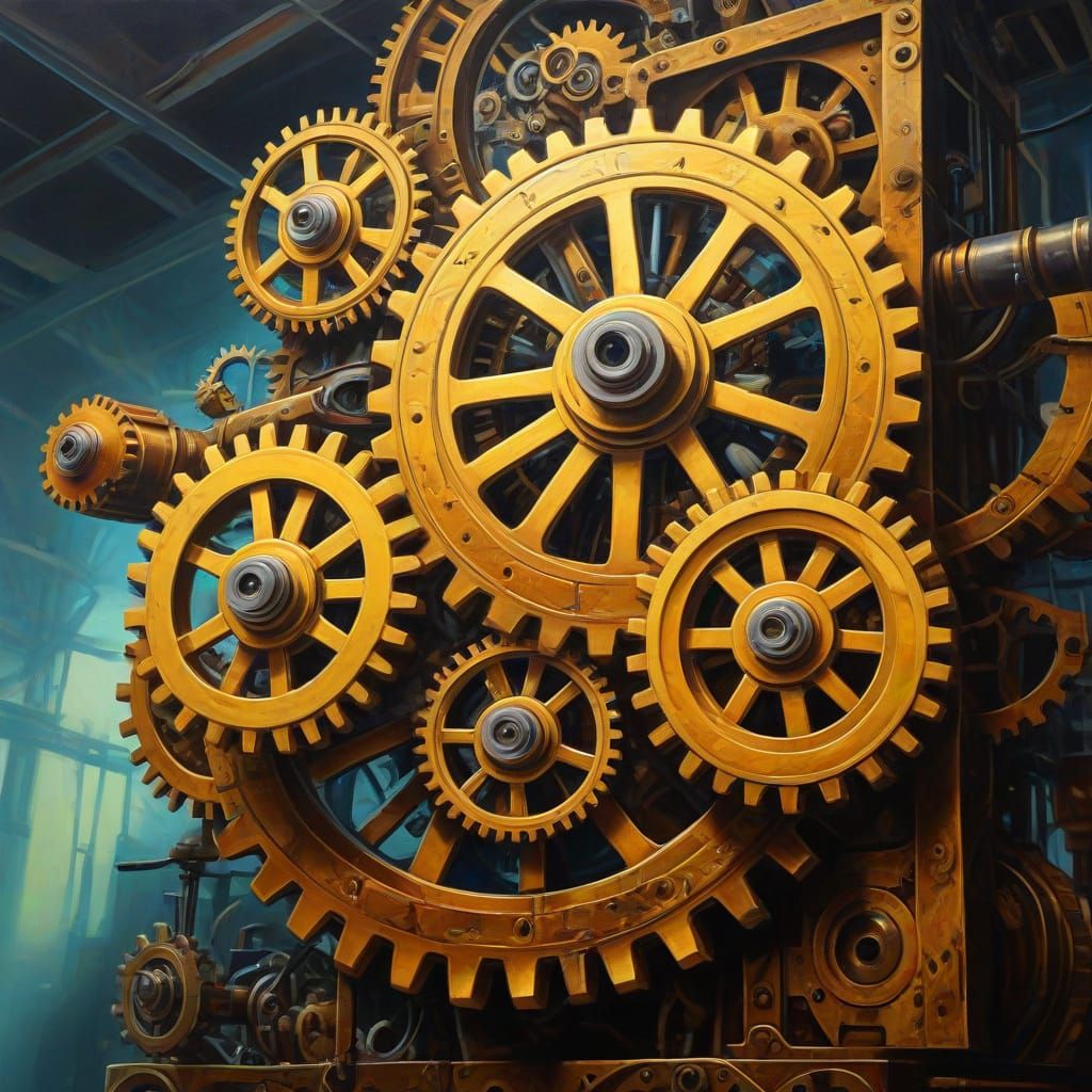 Surreal Machine with Overlapping Gears in Fauvist Style