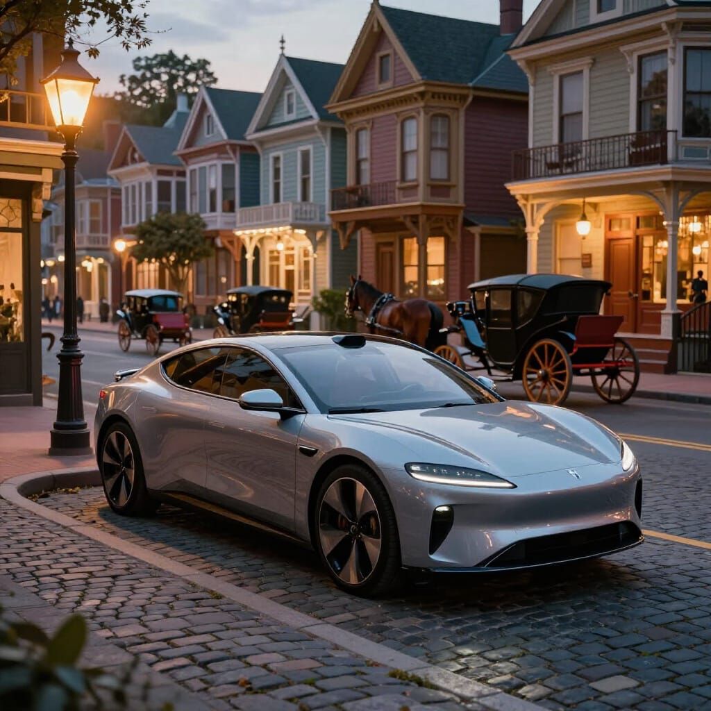 Modern Car in 1800s American Cityscape Digital Art