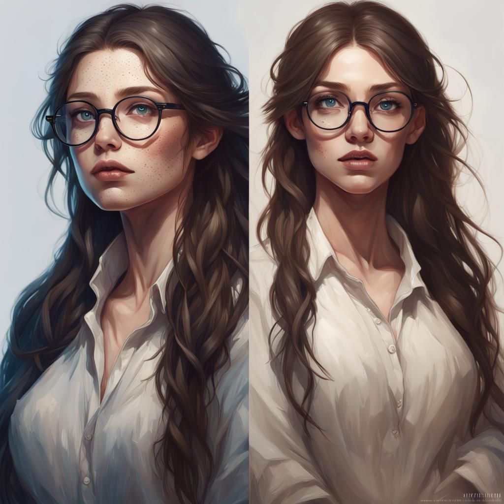 a girl with ivory skin, many many freckles, dark blue eyes, very long warm brown colored hair, and round glasses