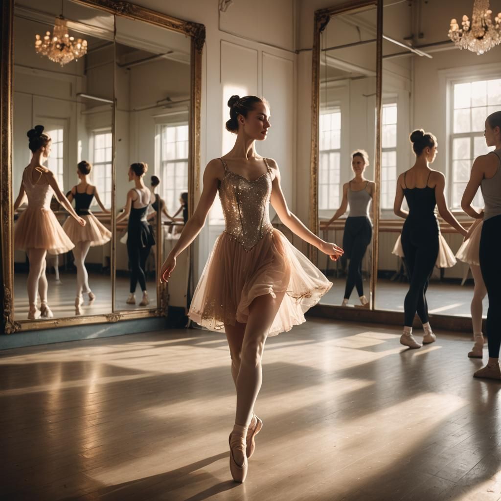 Ballerina Dancing in Sunlit Hall