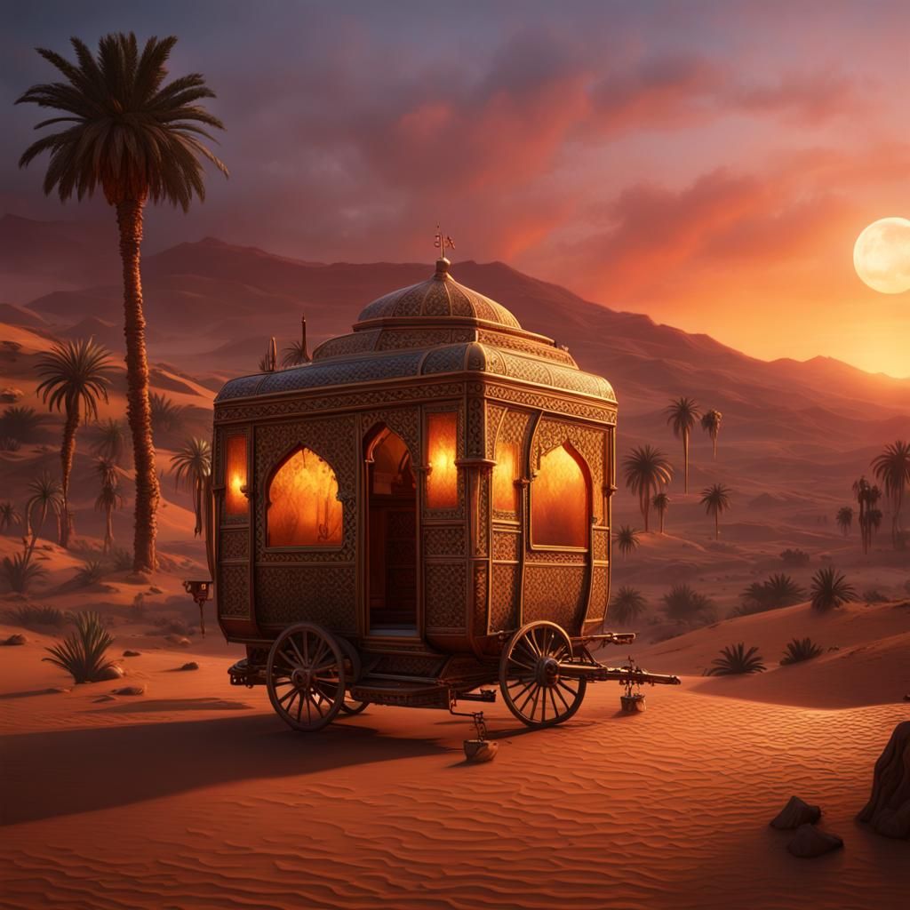 Sunset Caravan in Morocco: Detailed Matte Painting