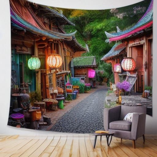 Colorful European Tavern in Japanese Alley, Oil Painting