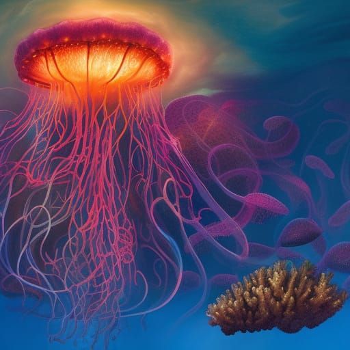 Mystical Glowing Jellyfish in Oil Painting Style