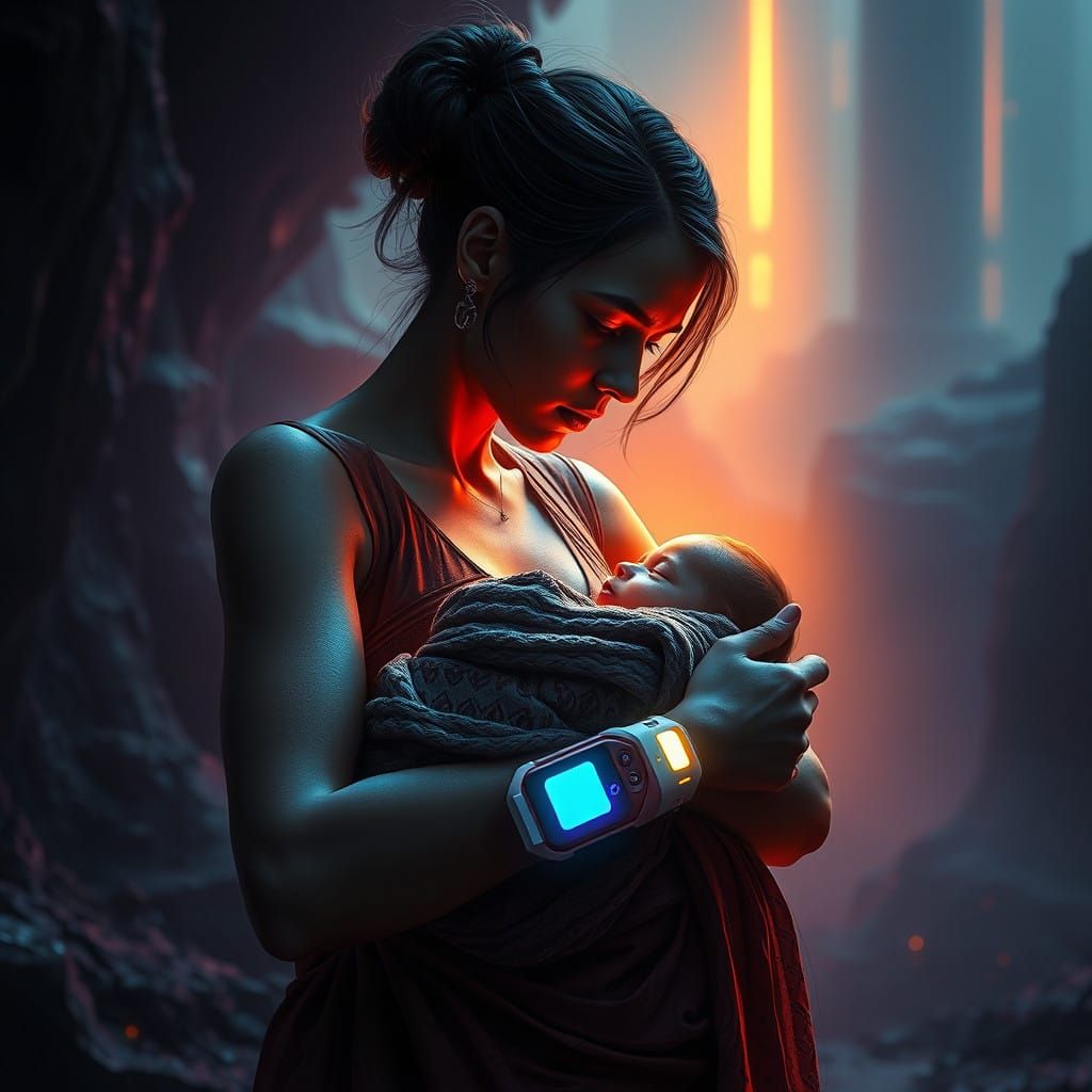 Mother and Newborn in Futuristic, Neon-Lit Environment