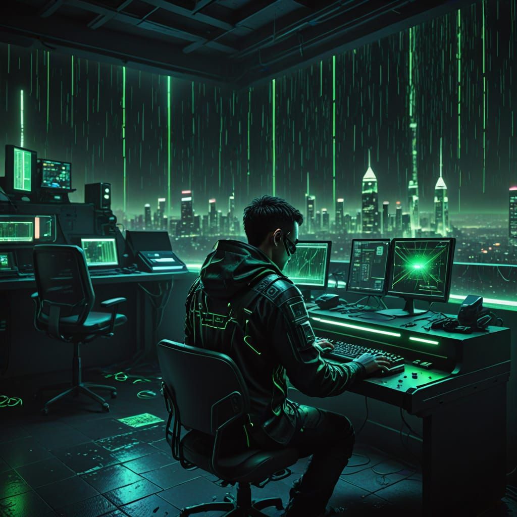 Hacker in Neon Cyberpunk Room with Digital Rain