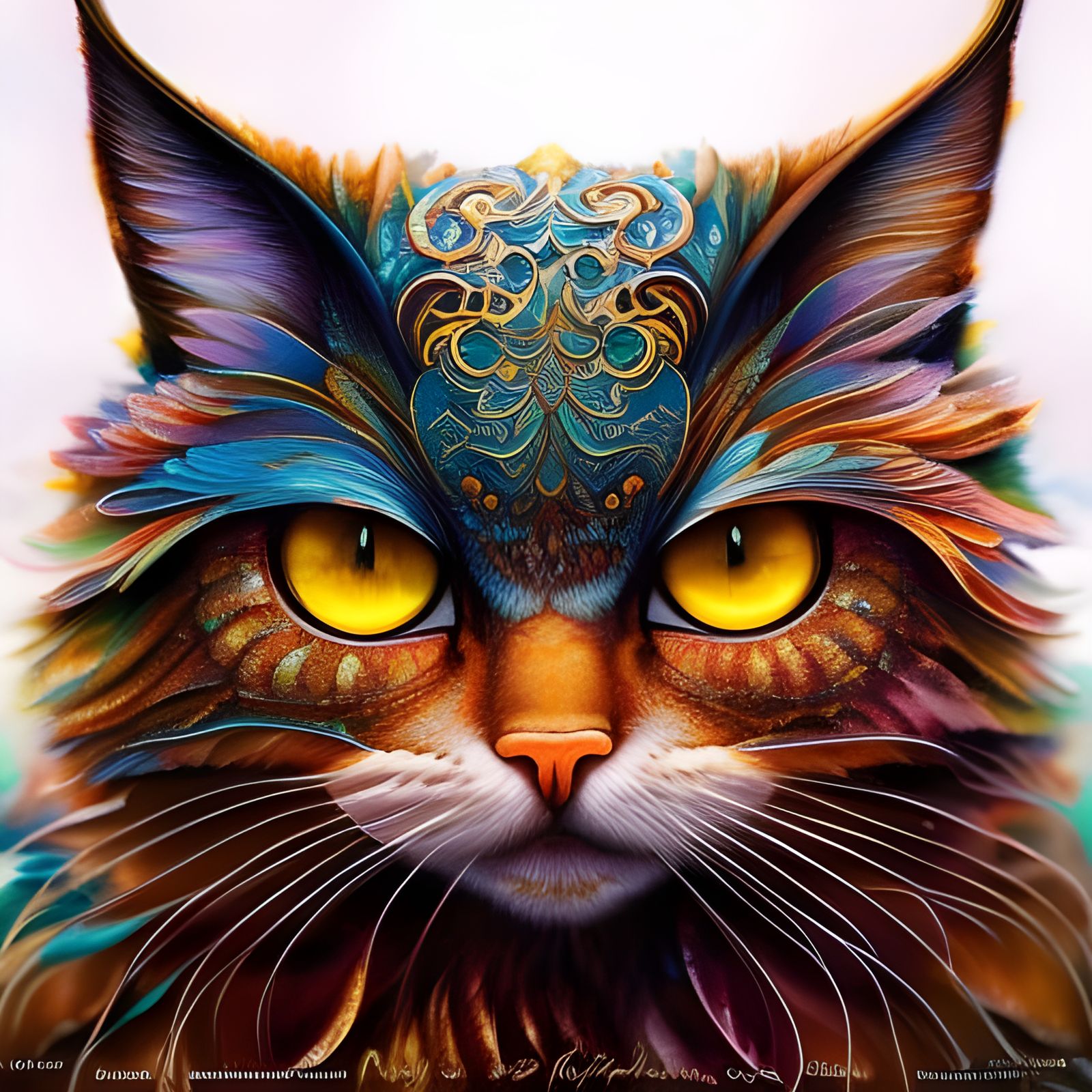 Detailed Chibi Teal Cat Portrait in Gouache Style