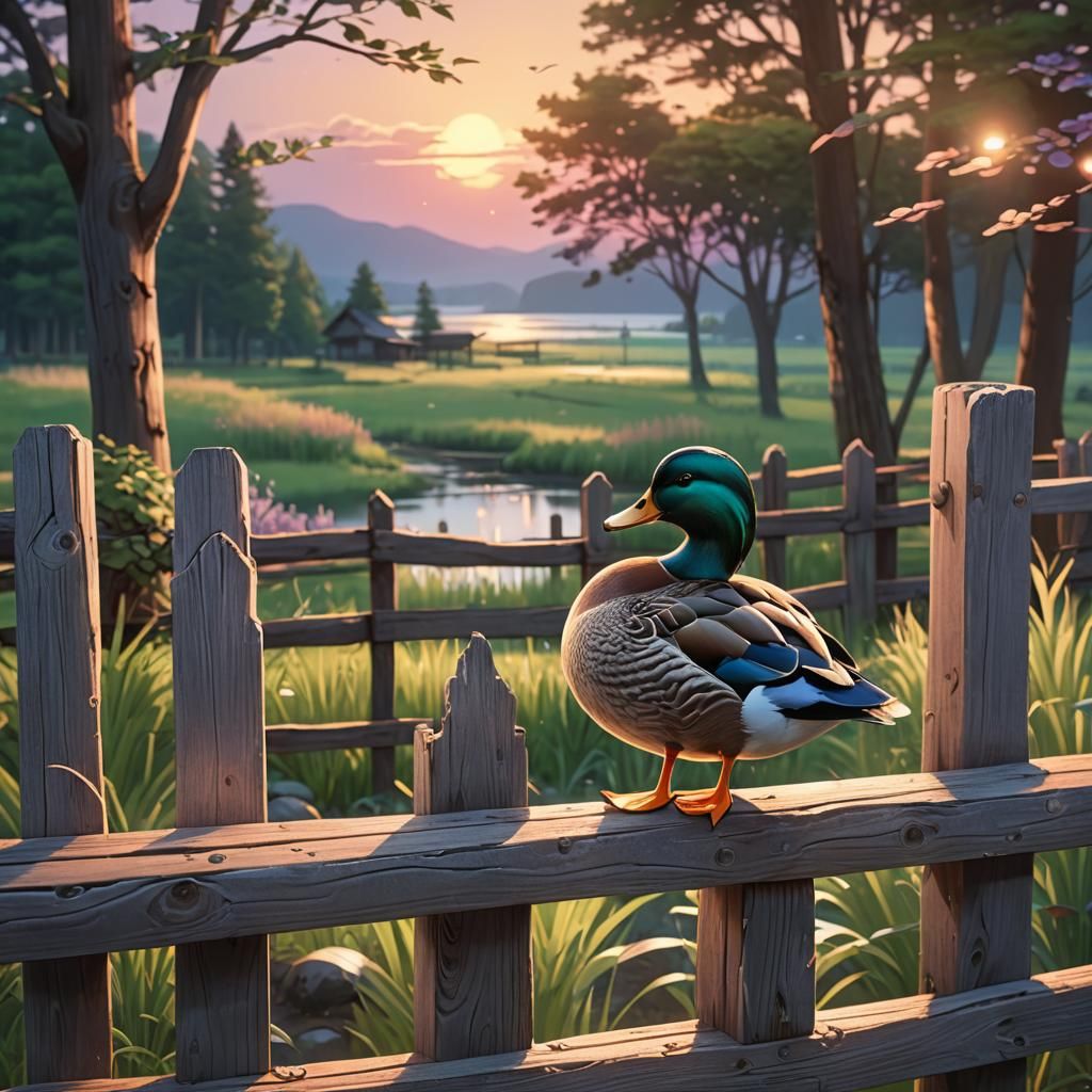 Duck on Fence in Stylized 3D Anime Art