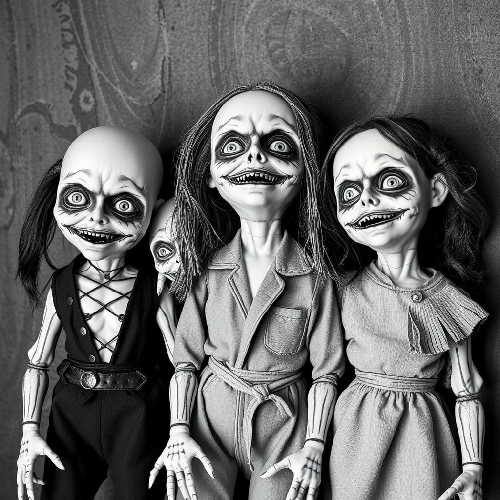 B&W. 4 creepy detailed freakishly distorted dolls. brutalism...