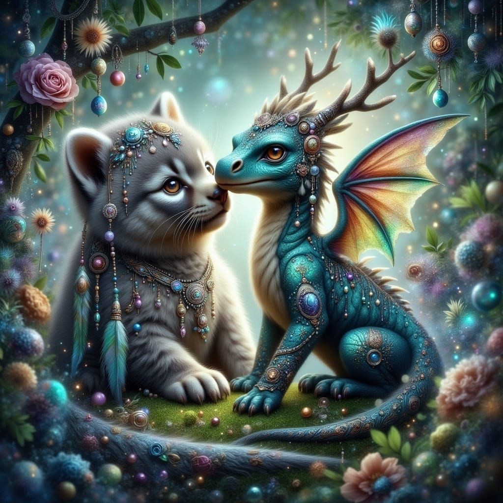 Whimsical Kitten and Baby Dragon in Mystical Forest