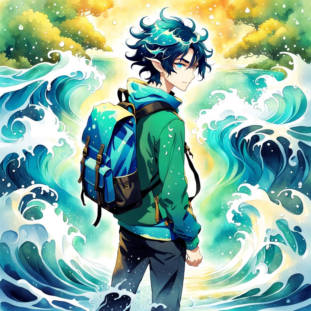 Sea Elf Warlock in Anime Watercolor Style