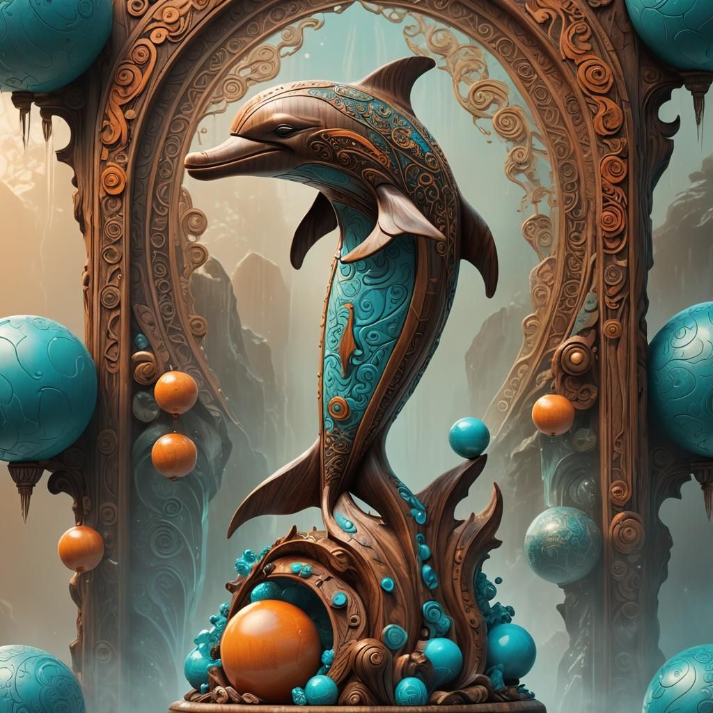 Majestic Wooden Dolphin Totem on Ball, Fantasy Art