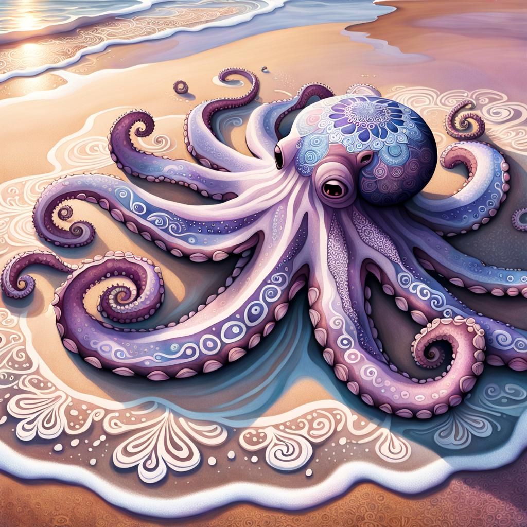 Octopus with Mandalas on Beach in Hyperrealistic Style