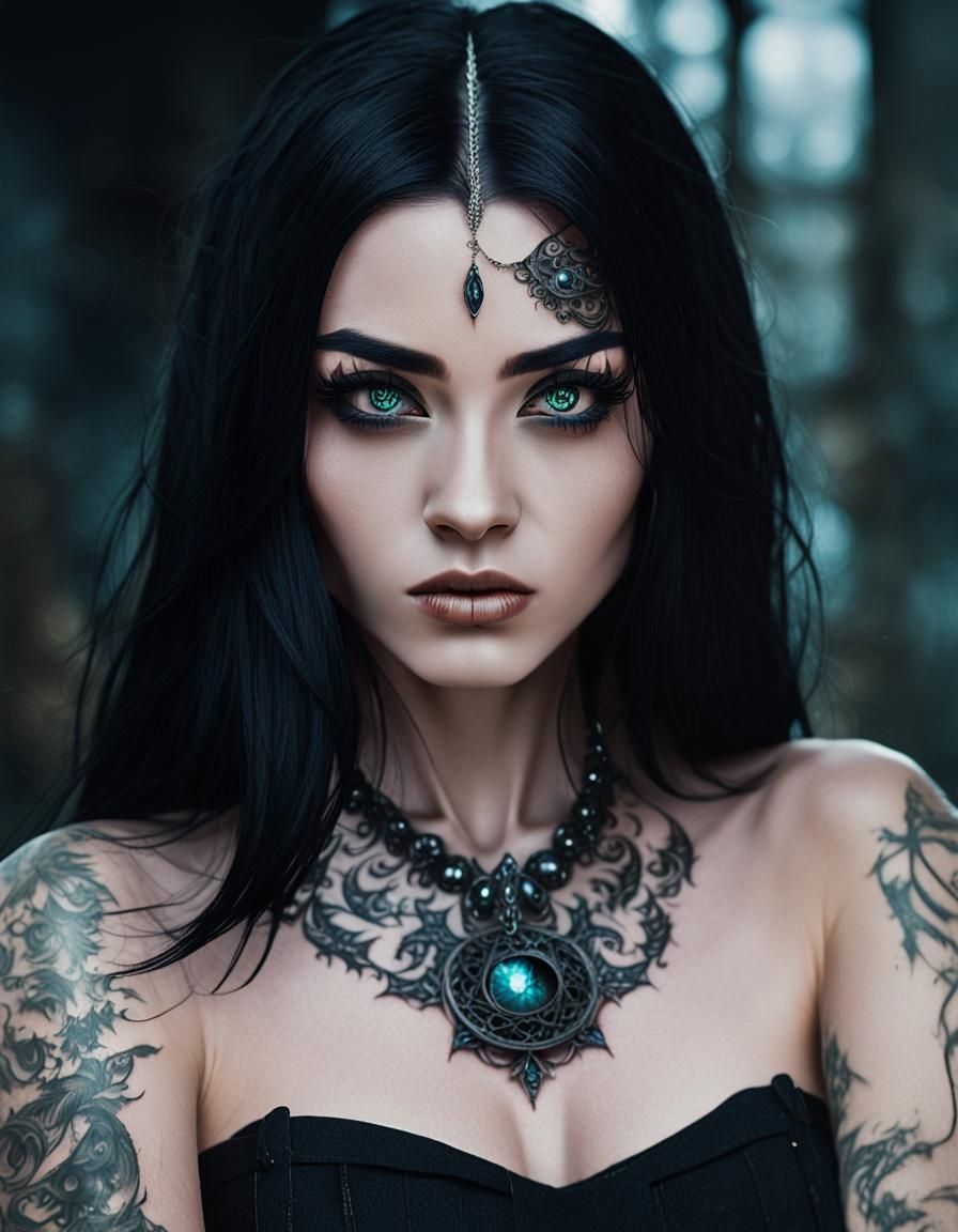 Demonic Woman with Glowing Eyes in Fantasy Setting