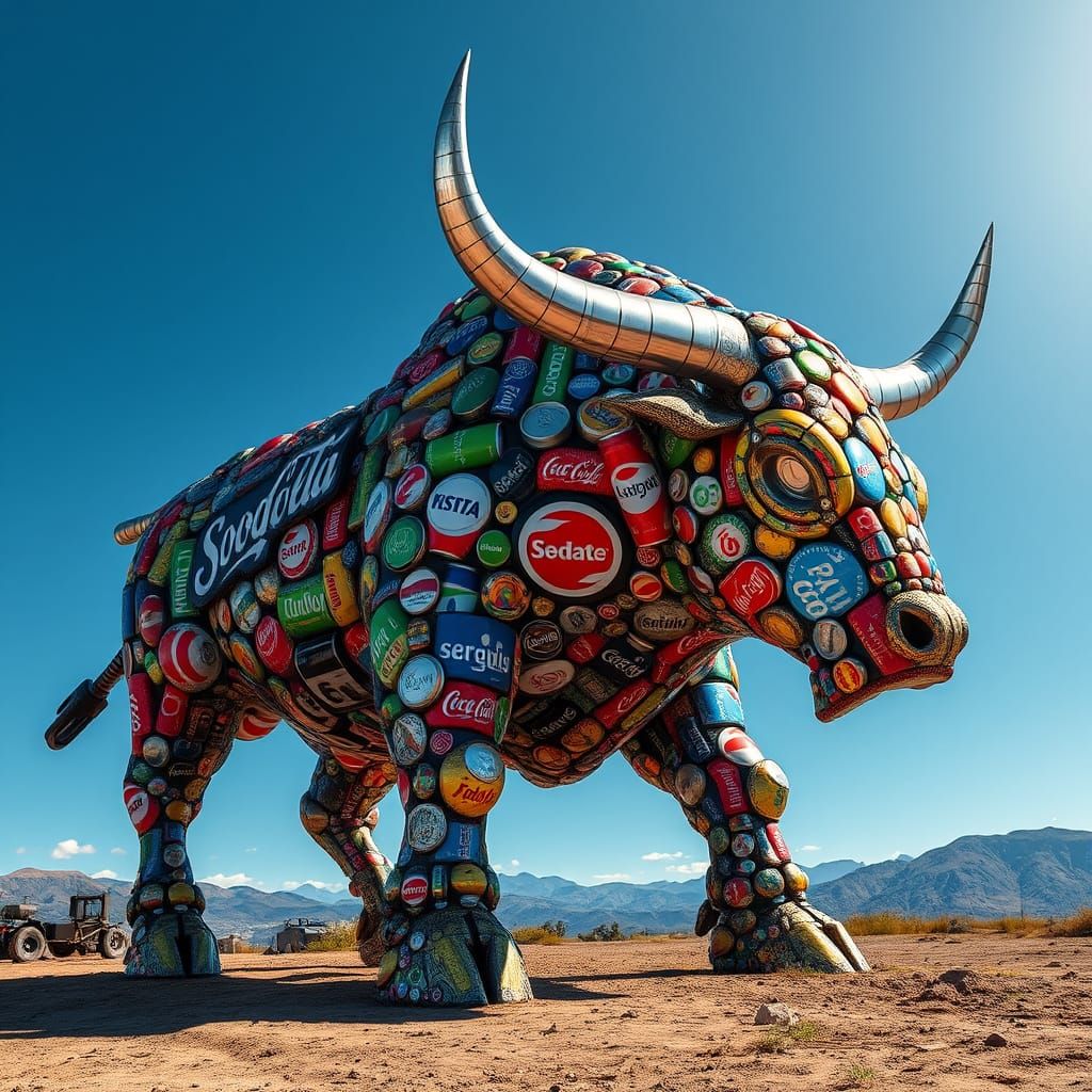Colossal Soda Can Bull Sculpture in Digital Art Style