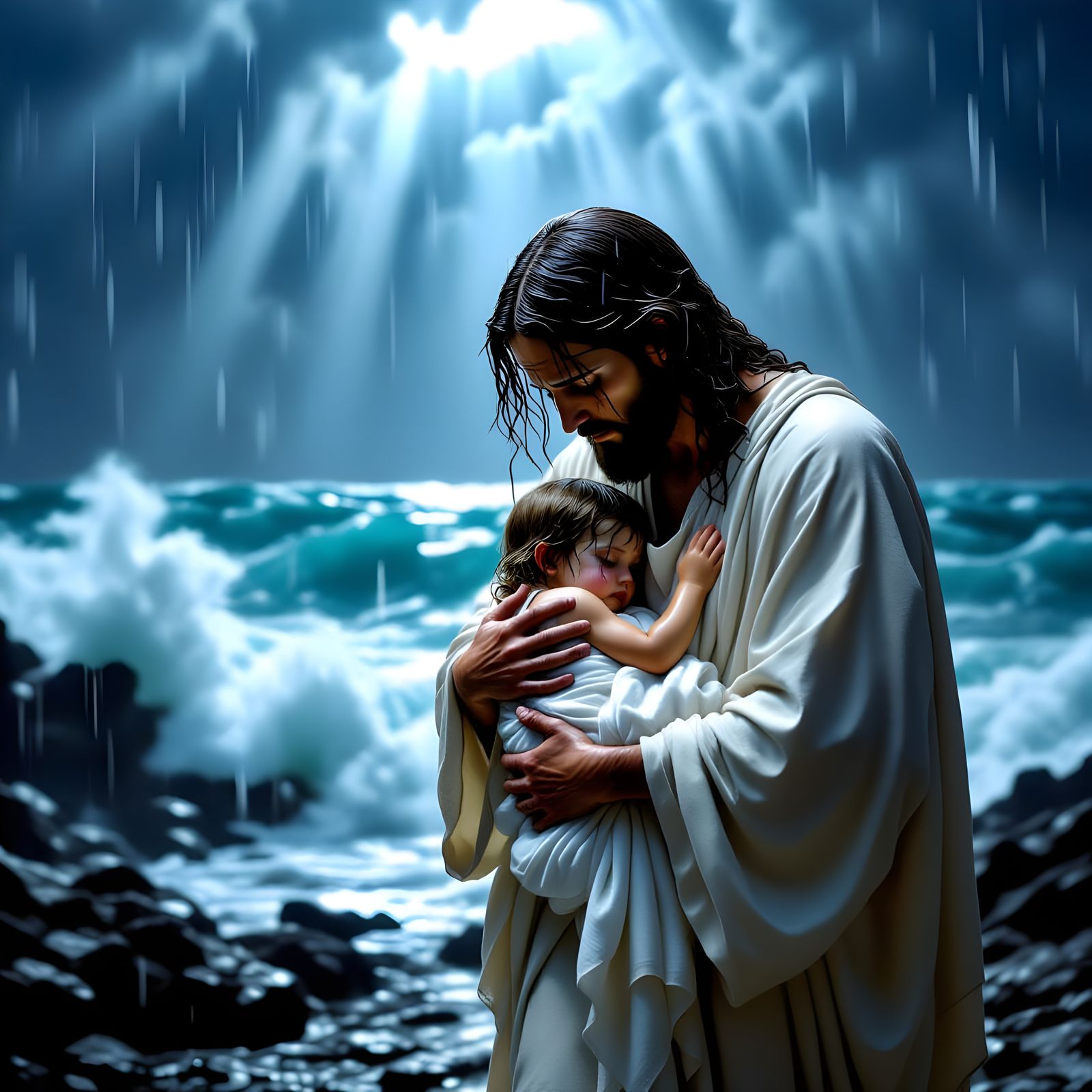 Jesus Carries Wounded Child Through Stormy Ocean