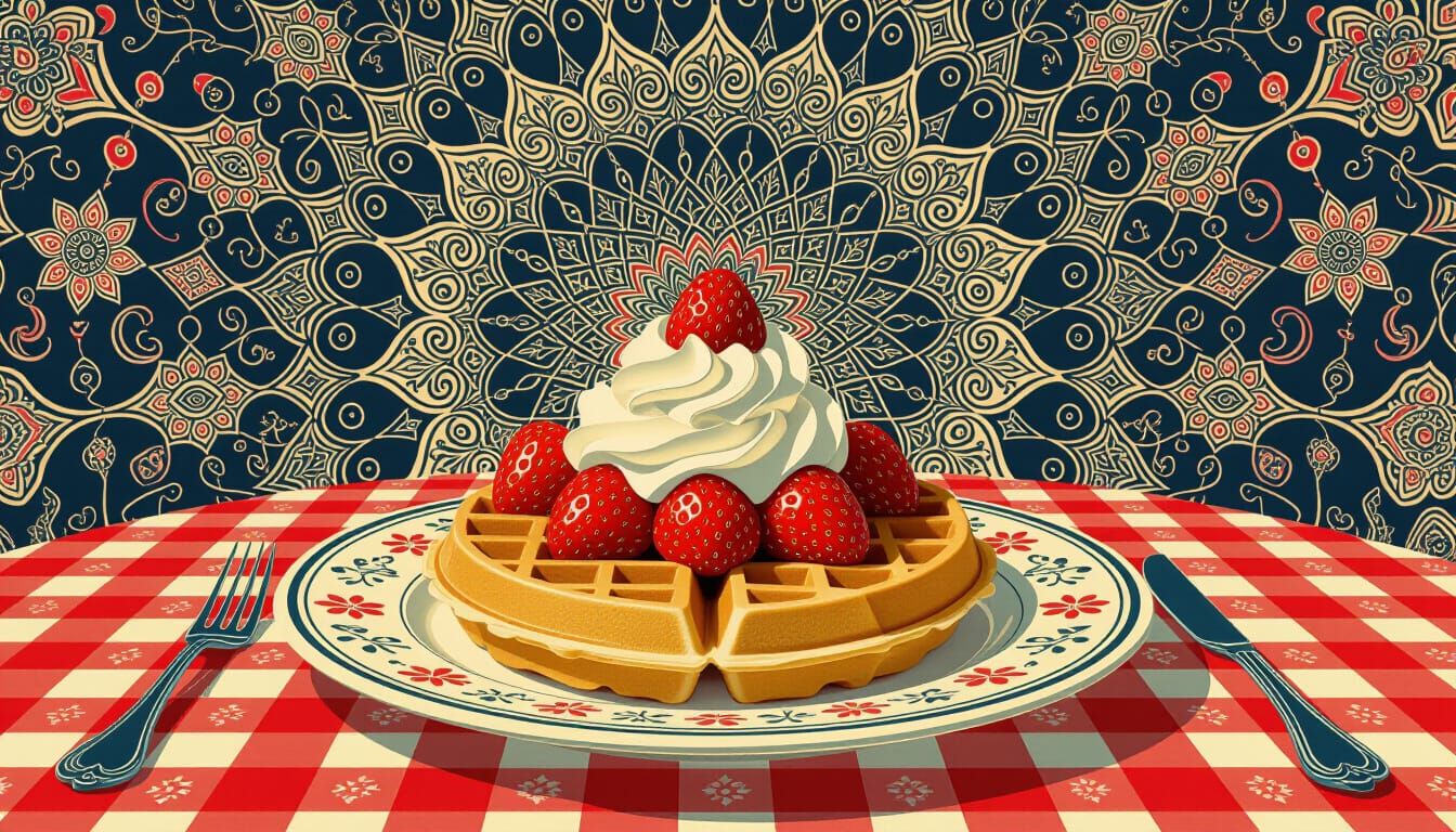Psychedelic Waffle Art: Cream, Strawberries, and Gingham