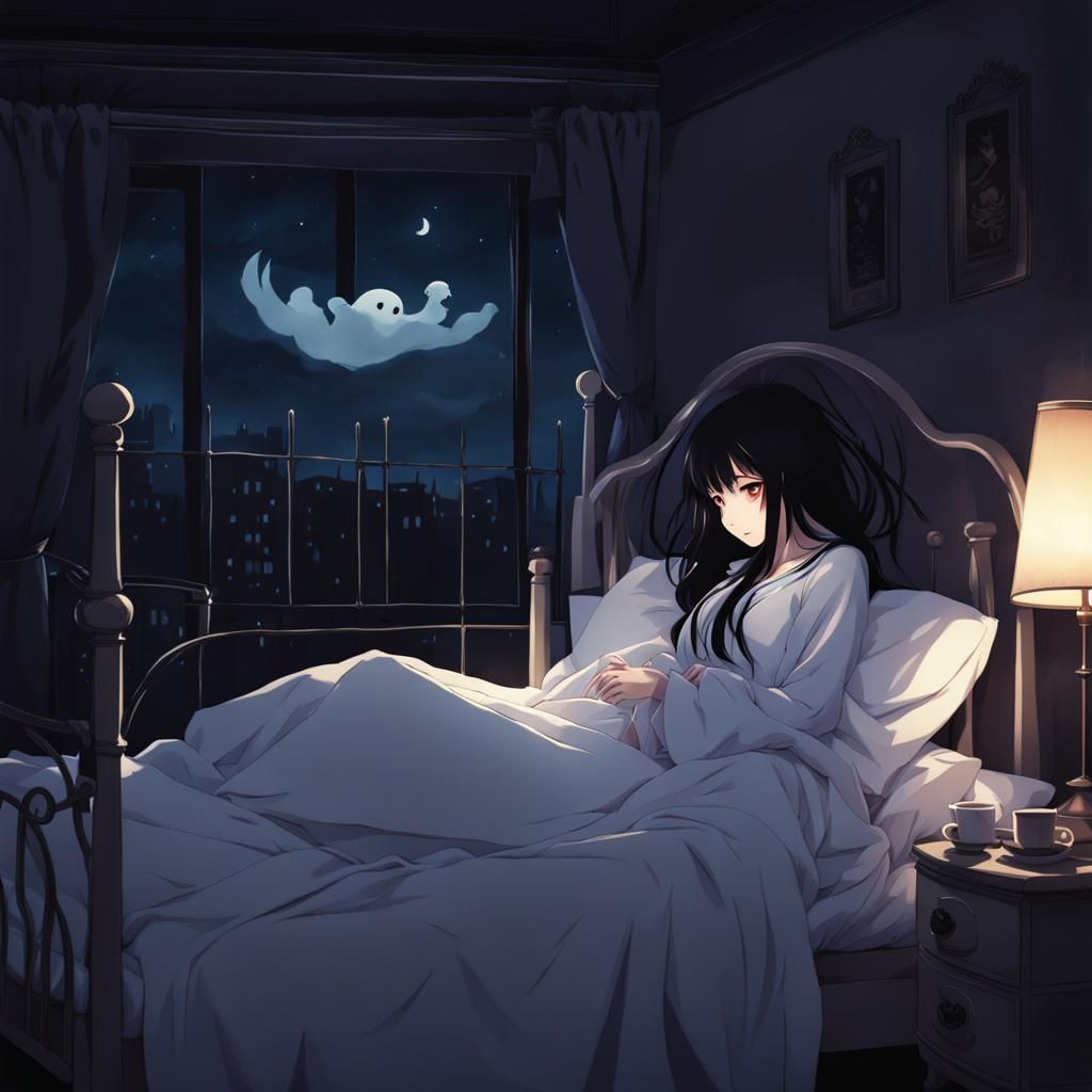 Anime Girl with Ghostly Figure in Bedroom