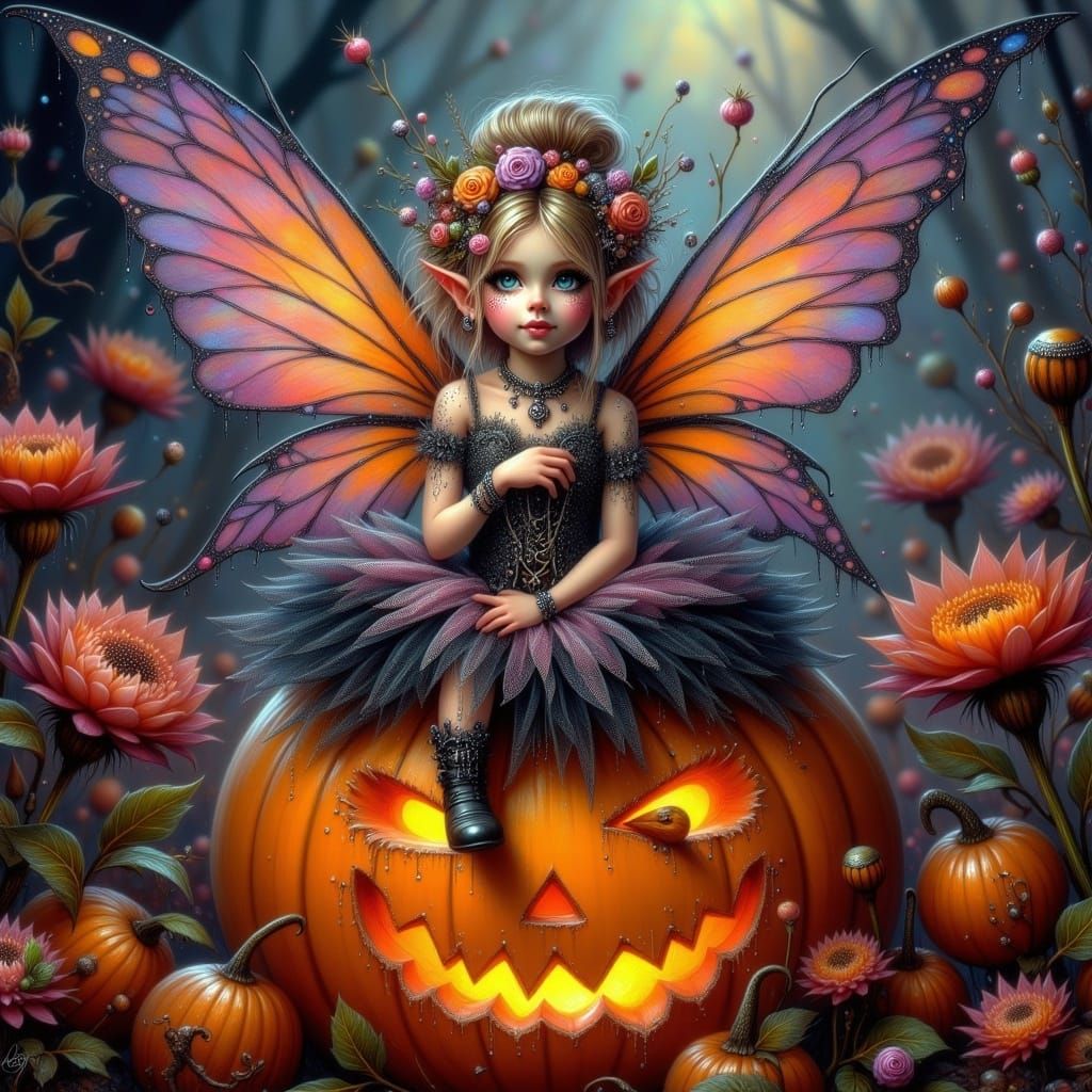 Fairy on Pumpkin in Ethereal Fantasy Art Style