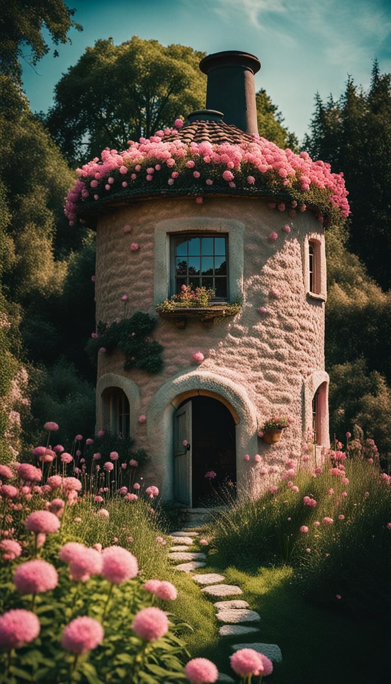 Cob House in Pink Flower Garden: Cinematic Still
