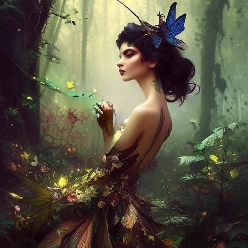 Pixie Lounging on Branch in Maximalist Style