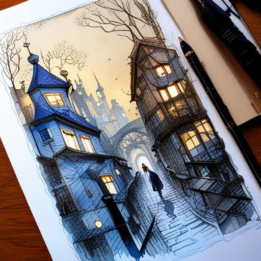 Quirky Art Nouveau Town in Blue Ink