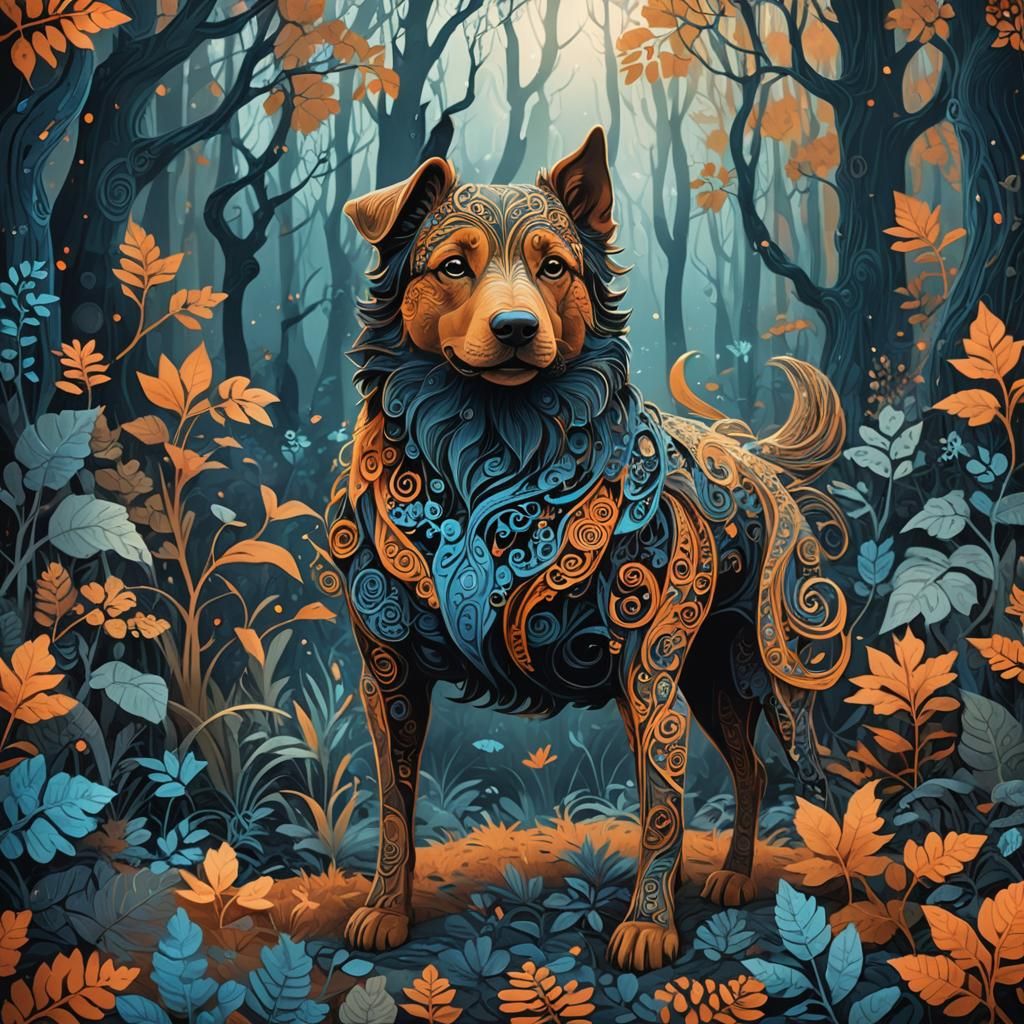 Fantasy Dog in Mystical Forest, Intricate Art