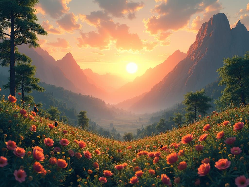 Sunset Mountain Landscape in 3D Anime Style
