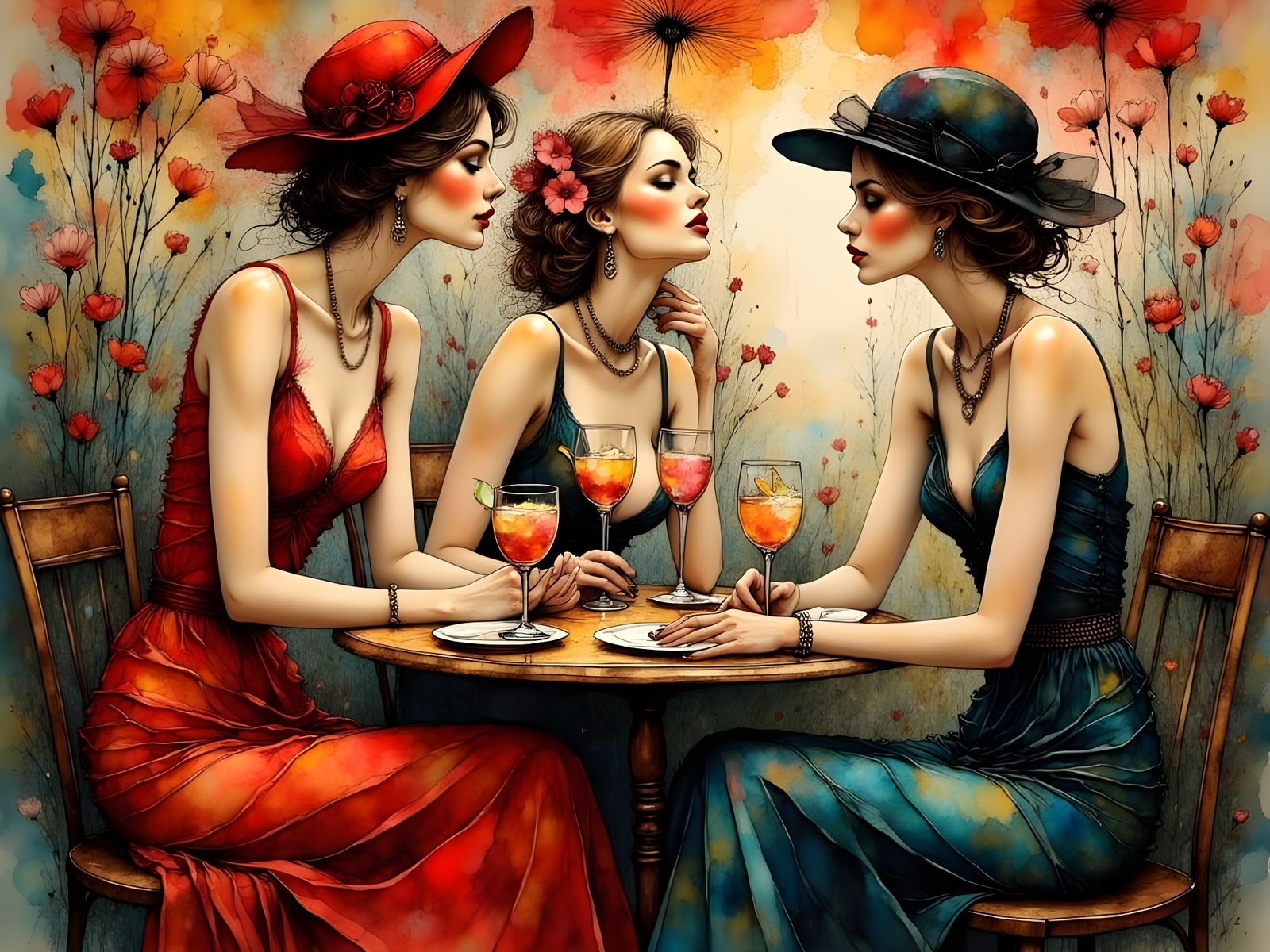 Elegant Women in Art Deco Cafe