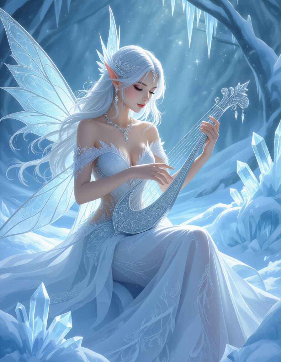 Ice Fairy with Silver Lyre in Frozen Landscape