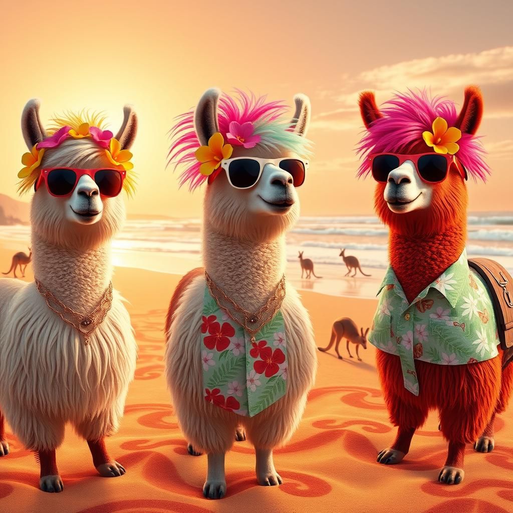 Tourist Llamas with Floral Hairstyles on Australian Beach