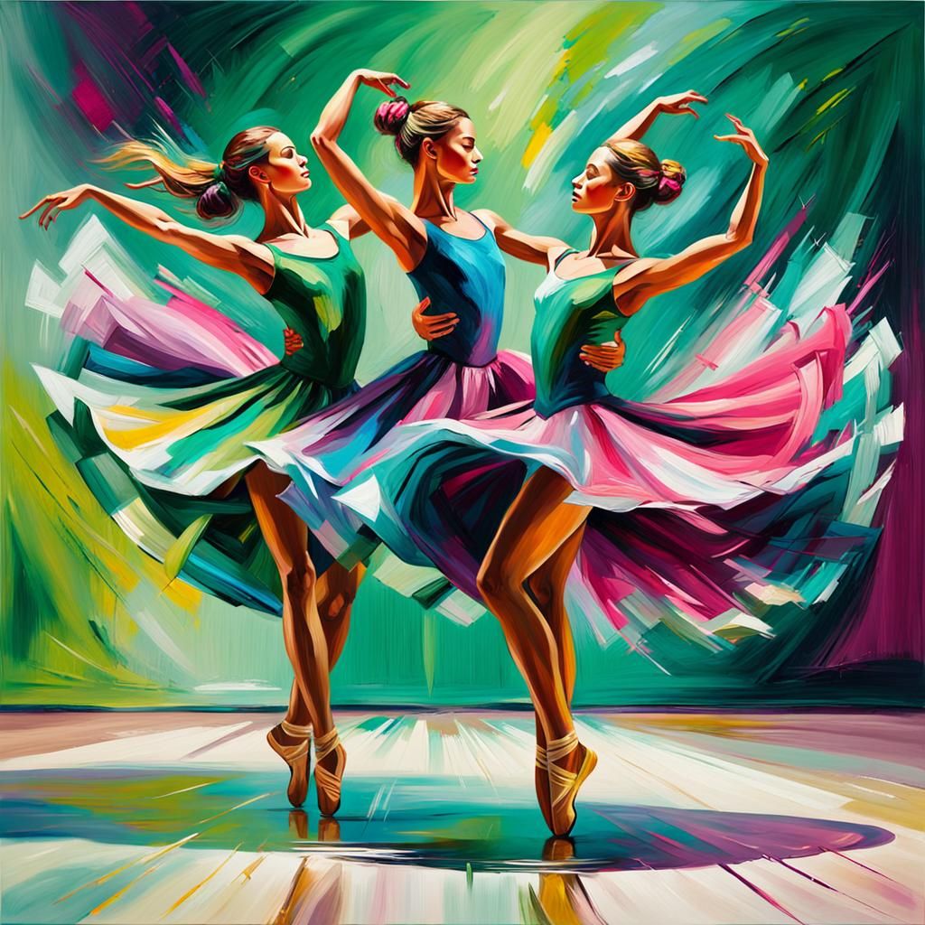 Dancers Perform Pirouette as Vibrant Oil Painting