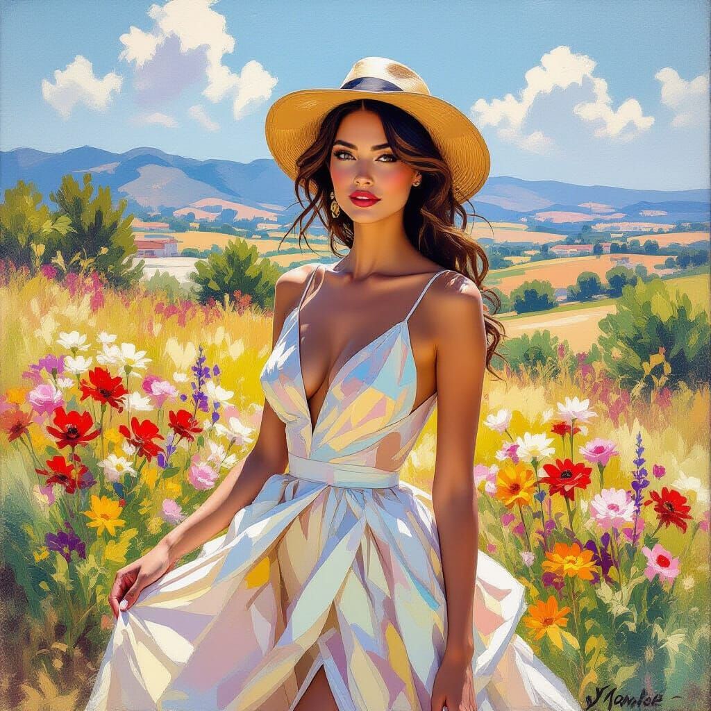 Woman Posing in California Landscape, Impressionist Style