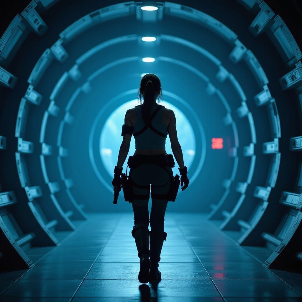 Lara Croft in Space Corridor Film Still
