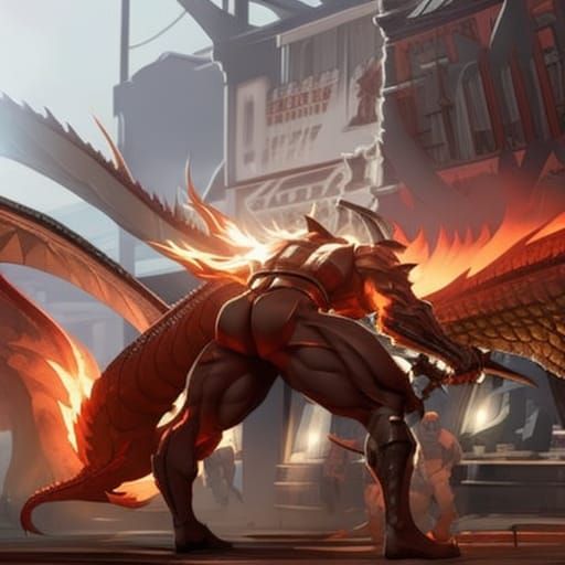 Anthropomorphic Dragon Bodybuilder at Night Market