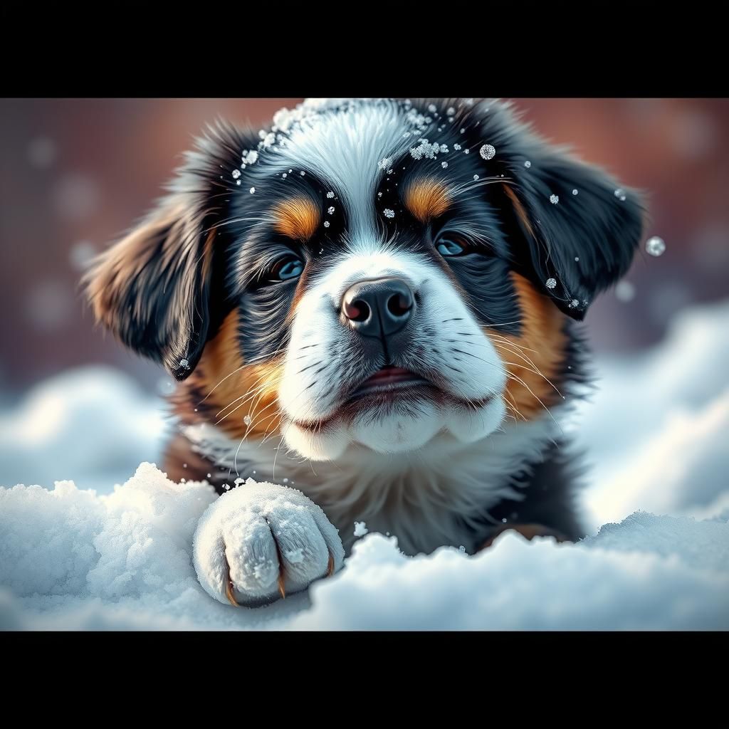 Hyperrealistic Puppy Covered in Snow Splash Art