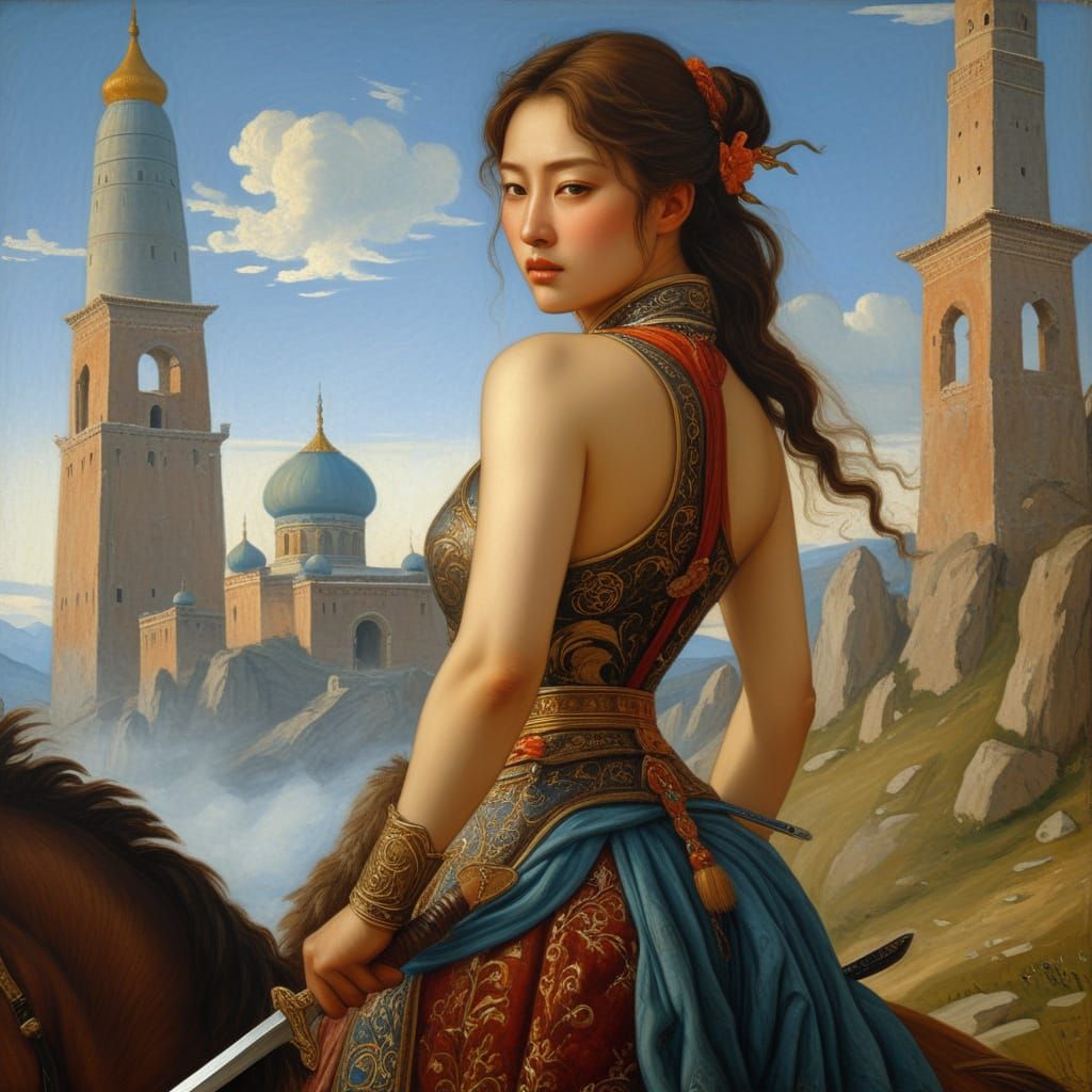 Byzantine Art Portrait of Mongolian Warrior Woman and Horse