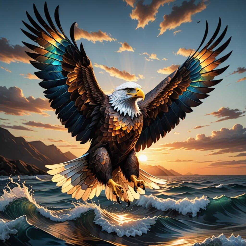 Stained Glass Eagle Flying Above Ocean