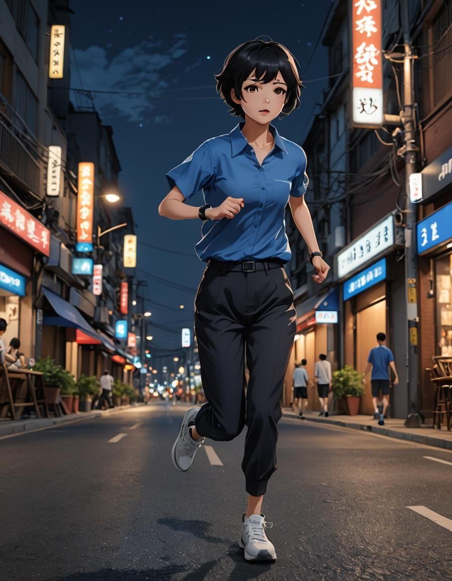 Anime Style Woman Running at Night
