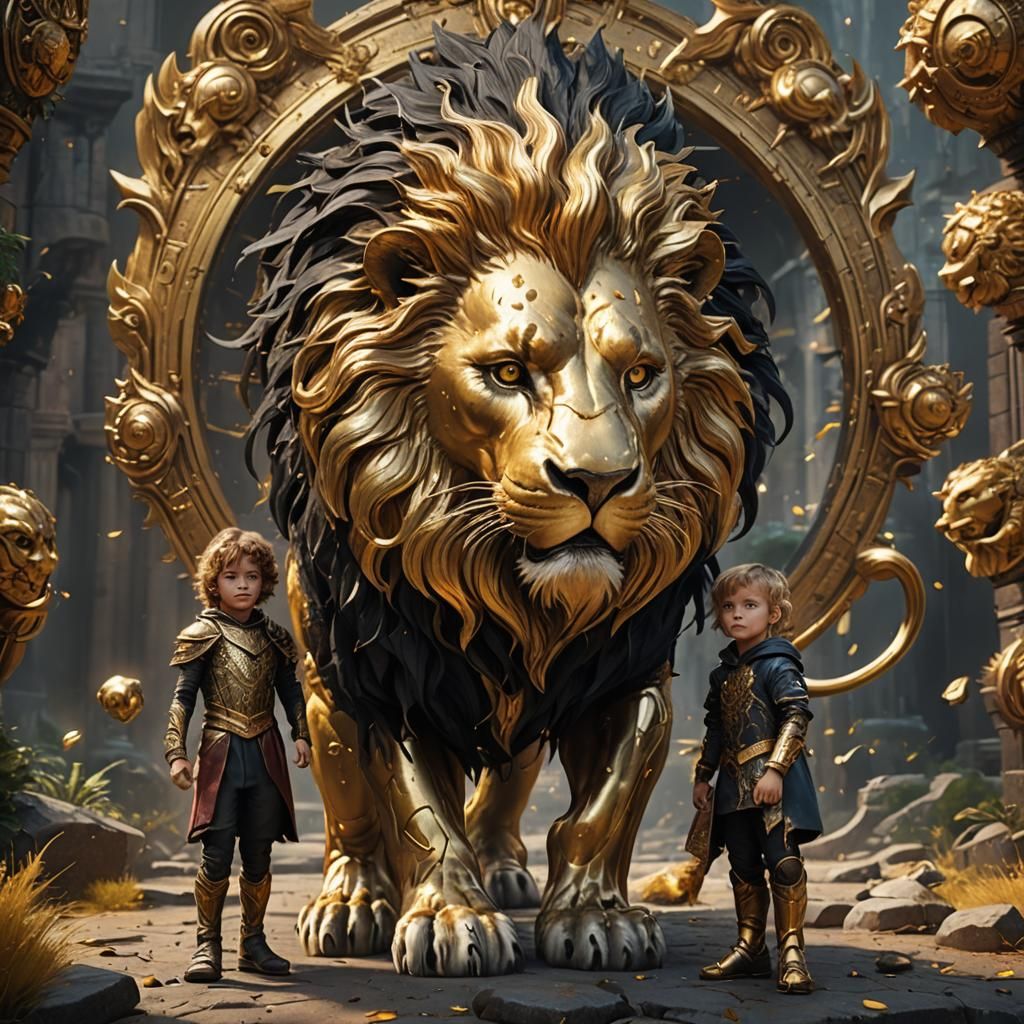 Metallic Gold Lion and Child: Fantasy Concept Art