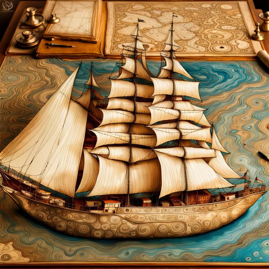 Magical Sailboat on Ancient Map in Klimt Style