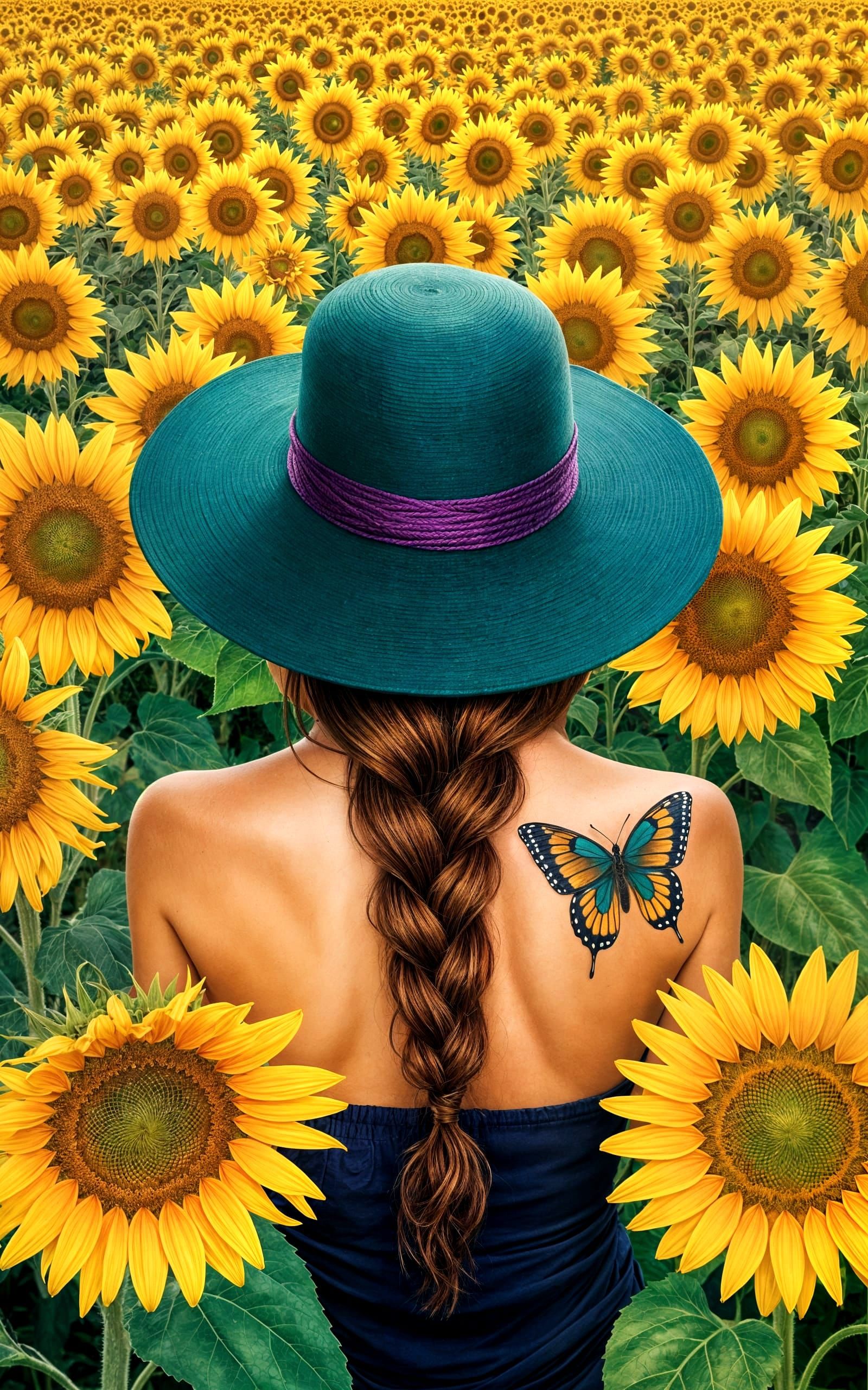 Sunflower Field with Figure in Teal Hat