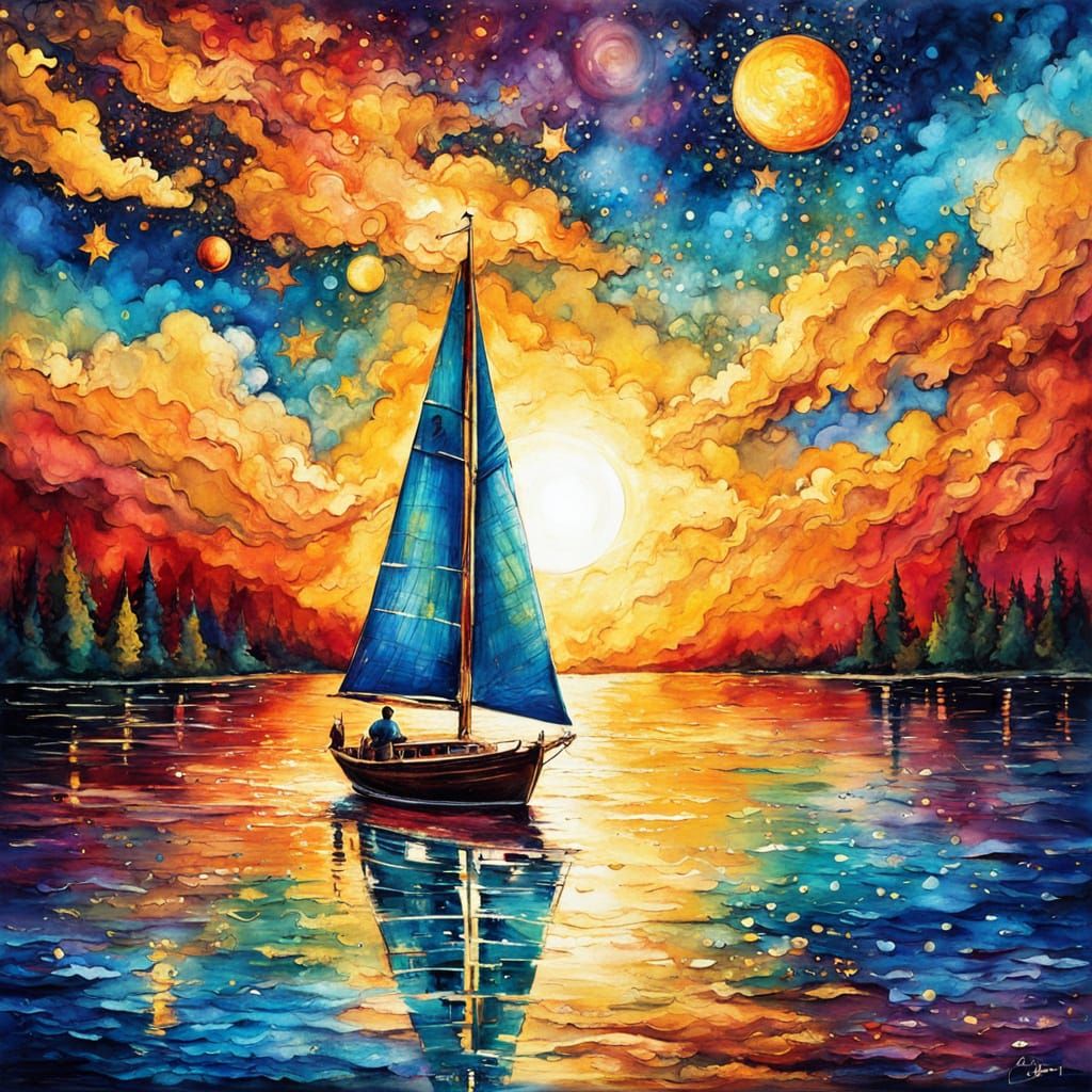 Epic Sunset Sailboat Scene in Neo-Impressionist Style