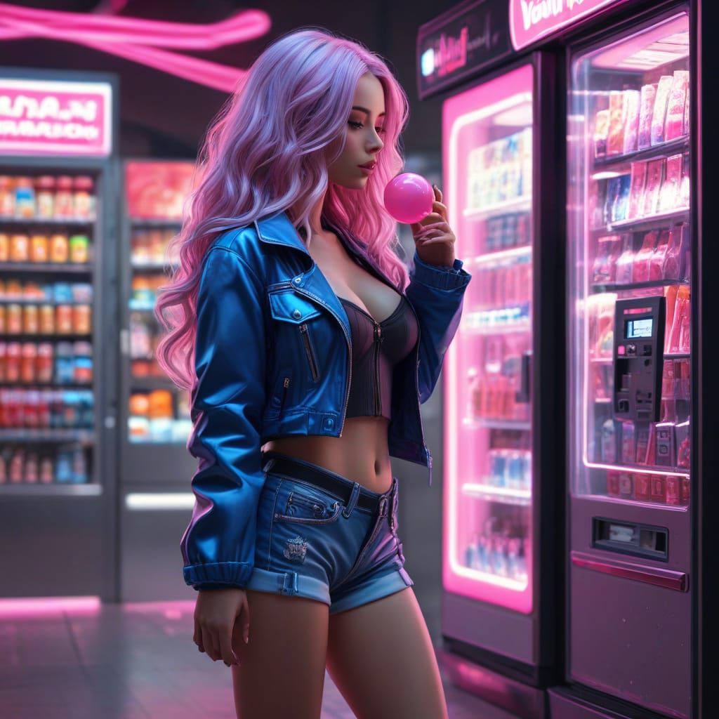 Futuristic Female in Neon Attire Blows a Pink Bubble