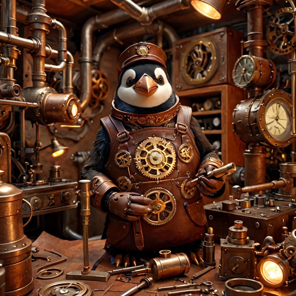 Steampunk Mongolian Penguin Inventor in Intricately Embroide...