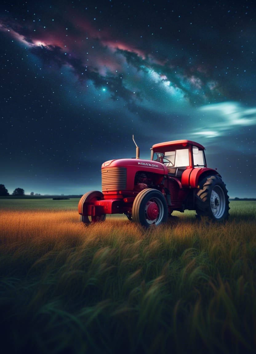 Starry Sky and Farm with Lightning in Romantic Style